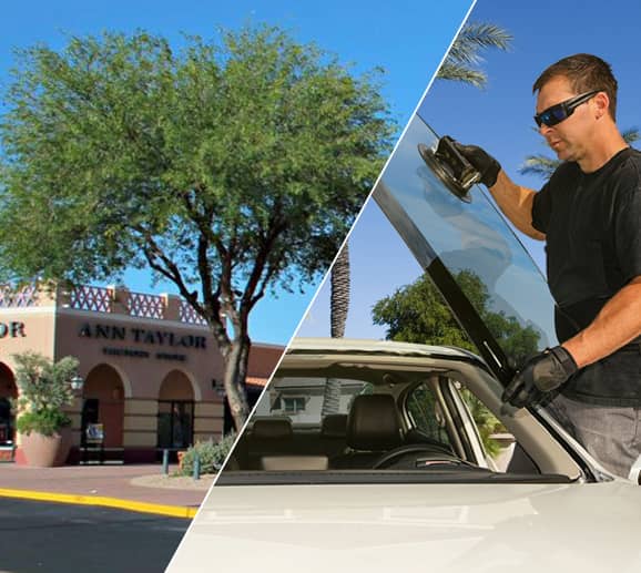 Mobile auto glass technician replacing a windshield at Anthem Golf and Country Club in Anthem, AZ