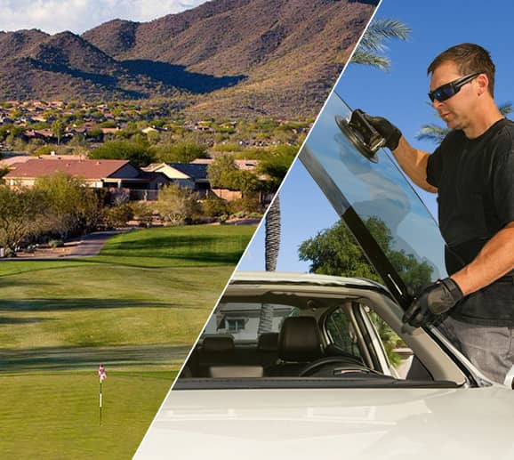 Mobile auto glass technician replacing a windshield at Anthem Outlets in Anthem, AZ