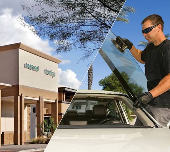 Mobile auto glass technician replacing a windshield at Alameda Crossing in Avondale, AZ