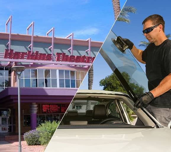 Mobile auto glass technician replacing a windshield at Gateway Pavilions in Avondale, AZ