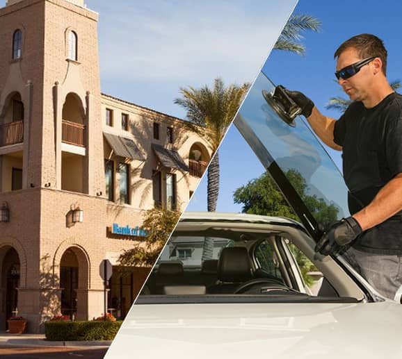 Mobile auto glass technician replacing a windshield at Verrado Main Street District in Buckeye, AZ