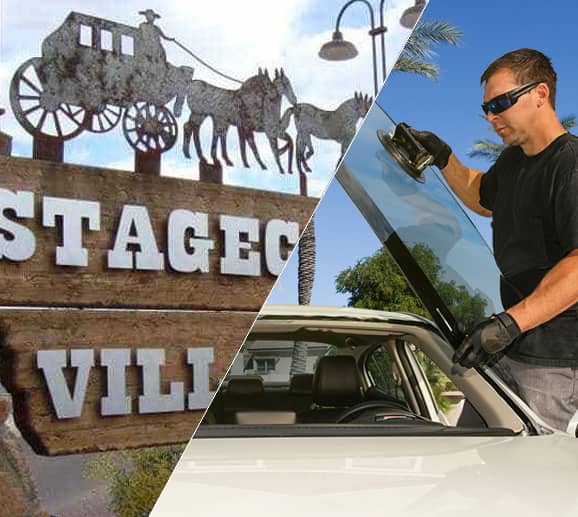 Mobile auto glass technician replacing a windshield at Stagecoach Village in Cave Creek, AZ