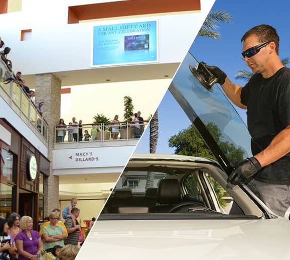 Mobile auto glass technician replacing a windshield at Chandler Fashion Center in Chandler, AZ