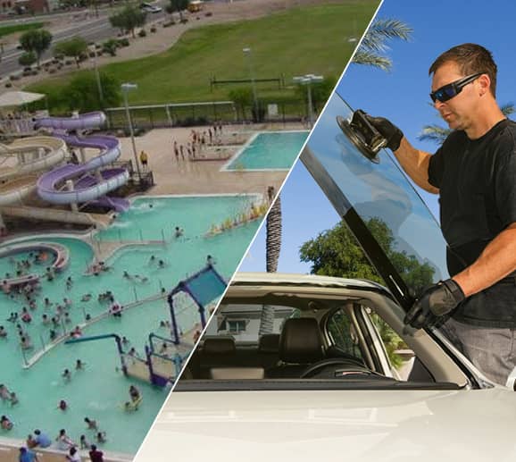 Mobile auto glass technician replacing a windshield at Ocotillo Road/Arizona Ave in Chandler, AZ