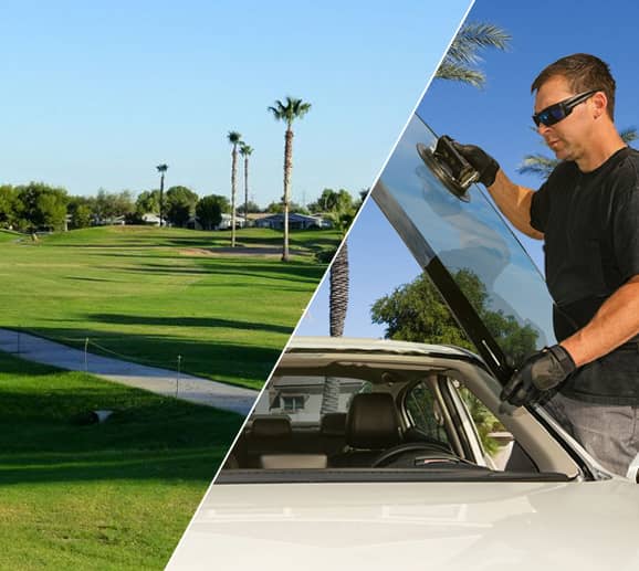 Mobile auto glass technician replacing a windshield at Pueblo El Mirage Golf Course in El Mirage, AZ