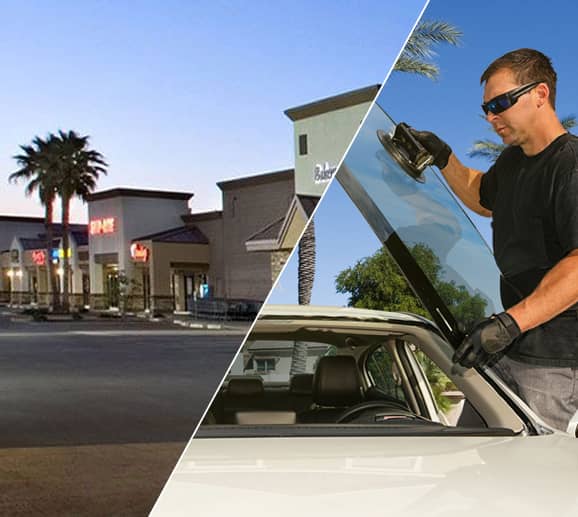 Mobile auto glass technician replacing a windshield at Four Peaks Plaza in Fountain Hills, AZ