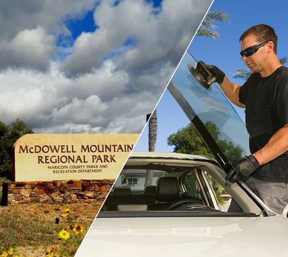 Mobile auto glass technician replacing a windshield at McDowell Mountain Regional Park in Fountain Hills, AZ
