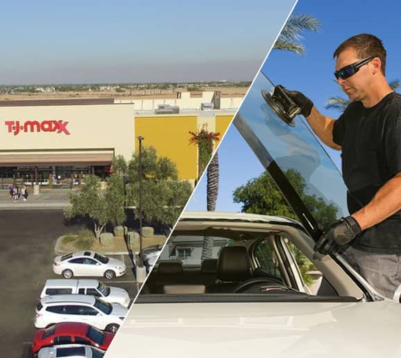 Mobile auto glass technician replacing a windshield at The Market at Estrella Falls in Goodyear, AZ