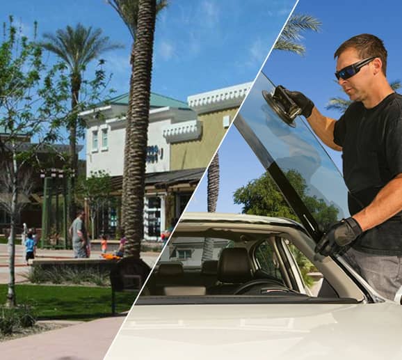 Mobile auto glass technician replacing a windshield at Mesa Riverview in Mesa, AZ