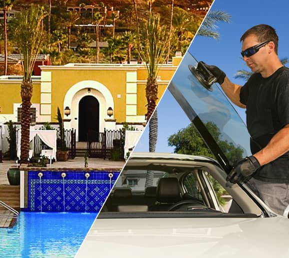 Mobile auto glass technician replacing a windshield at Omni Resort & Spa at Montelucia in Paradise Valley, AZ