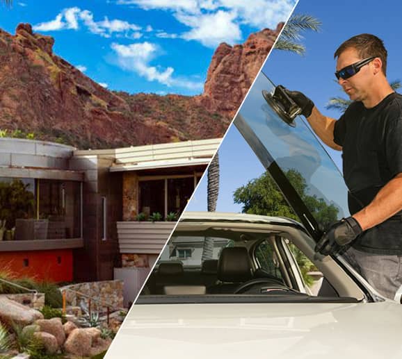 Mobile auto glass technician replacing a windshield at Sanctuary Camelback Mountain Resort in Paradise Valley, AZ
