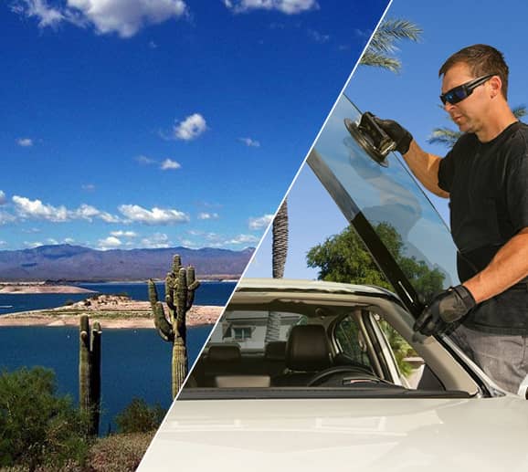 Mobile auto glass technician replacing a windshield at Lake Pleasant Regional Park in Peoria, AZ