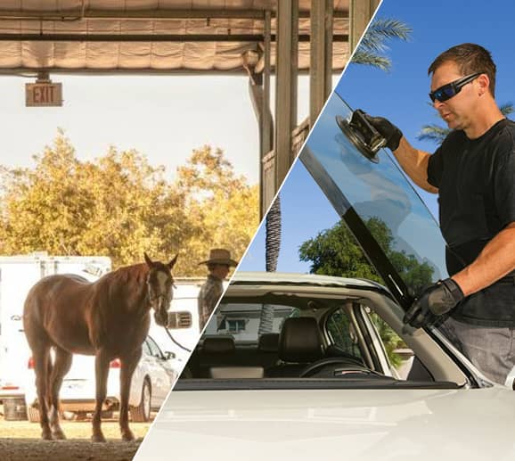 Mobile auto glass technician replacing a windshield at Horseshoe Park & Equestrian Centre in Queen Creek, AZ