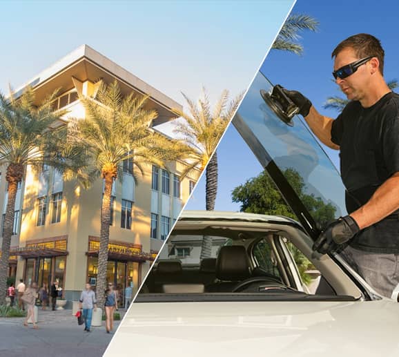 Mobile auto glass technician replacing a windshield at Kierland Commons in Scottsdale, AZ