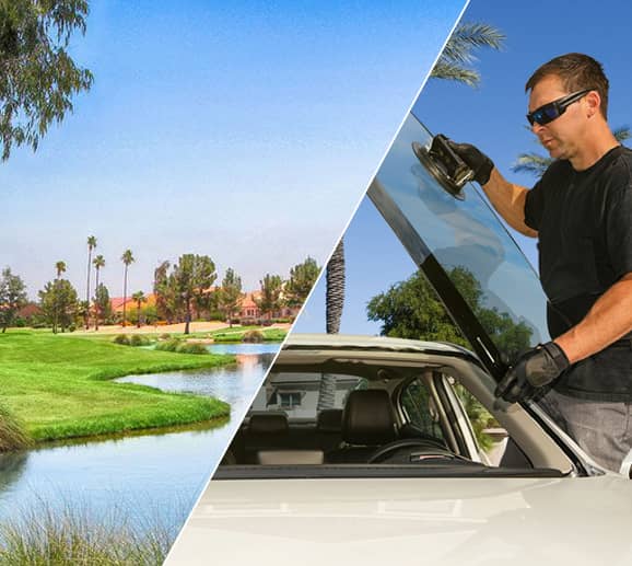 Mobile auto glass technician replacing a windshield at Deer Valley Course in Sun City, AZ