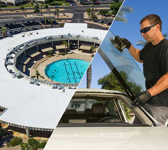 Mobile auto glass technician replacing a windshield at Lakeview Recreation Center in Sun City, AZ