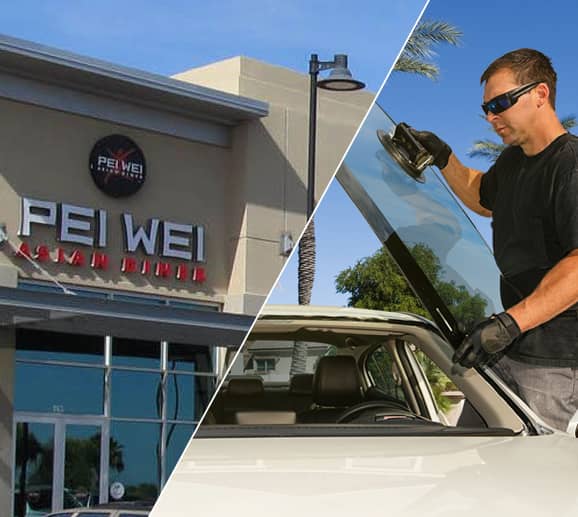 Mobile auto glass technician replacing a windshield at Surprise Towne Center Mall in Surprise, AZ