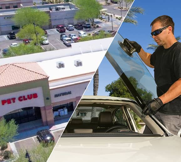Mobile auto glass technician replacing a windshield at Surprise Village Marketplace in Surprise, AZ